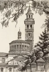 Santuario de la Beata Virgen de los Milagros, Saronno, Italia, grabado de un dibujo de Quinto Cenni, de L
