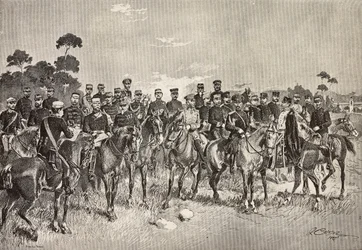 Oficiales de ejércitos extranjeros visitando a soldados italianos en Lombardía, Italia, grabado de un dibujo de Quinto Cenni, de L