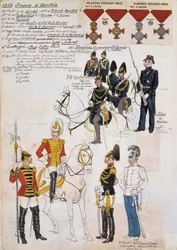 Gendarmes, soldados de marina y oficiales del Tercer Regimiento de Caballería Archiduque Maximiliano, uniformes del Imperio Austriaco