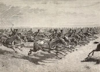Artillería a caballo del ejército italiano pasando a galope tendido, Lombardía, Italia, grabado de un dibujo de Quinto Cenni, de L