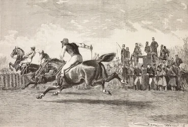 Carrera de caballos en el parque de Villa Arconati, Castellazzo, Italia, grabado de un dibujo de Quinto Cenni, de L