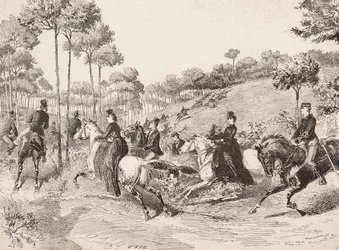Excursión de caza por la caza milanesa, Italia, grabado de un dibujo de Quinto Cenni, de L