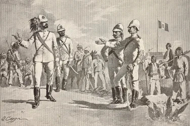 Soldados italianos y locales, en uniformes del Ejército Italiano en África, Massawa, Eritrea, grabado de un dibujo de Quinto Cenni, de L