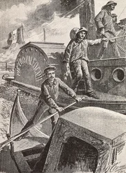 Ingenieros militares italianos, brigada de la laguna, trabajando en sus nuevos uniformes, grabado de un dibujo de Quinto Cenni, de L