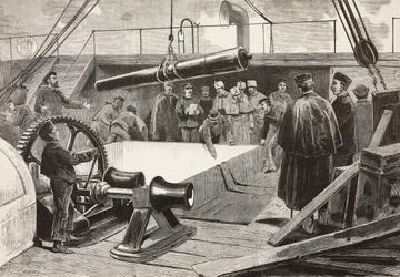 Marineros y oficiales italianos preparando el barco Gottardo, expedición italiana en el Mar Rojo, Palermo, Italia, grabado de un dibujo de Quinto Cenni y un boceto de Dante Paolocci, de L