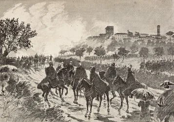 Soldados italianos a caballo moviéndose de Copreno a Cermenate, Italia, grabado de un dibujo de Quinto Cenni, de L