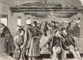 Soldados italianos en tren con destino a Nápoles, Italia, segunda expedición italiana en el Mar Rojo, grabado de un dibujo de Quinto Cenni y un boceto de M Dal Don, de L