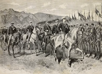 El Rey Umberto I inspeccionando a los lanceros de Florencia, con el General Martin di Montu detrás de él, 28 de septiembre, ejercicios de caballería en Pordenone, Italia, grabado de un dibujo de Quinto Cenni, de L