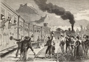 Hombres y mujeres despidiéndose de los soldados italianos que parten de la estación de tren de Cassino, Italia, grabado del dibujo de Quinto Cenni y boceto de M Dal Don, de L