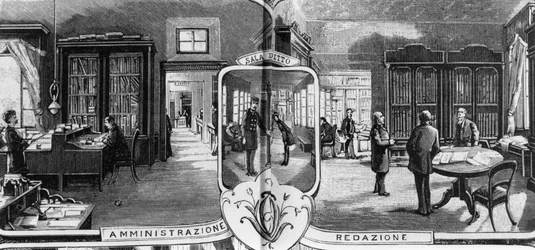 Oficinas de los hermanos Treves, personal de edición y administración, Milán, Italia (ilustración de Quinto Cenni)