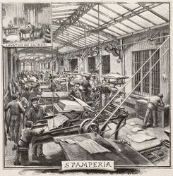 Imprenta en la editorial Fratelli Treves, Milán, Italia, grabado de un dibujo de Quinto Cenni, de L