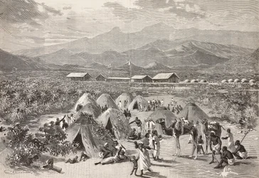 Tiendas del campamento de refugiados de Zula, Arafali, Eritrea, grabado por Cantagalli de un dibujo de Quinto Cenni y un boceto de Pieragostini, de L