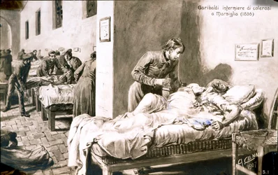 El patriota italiano Giuseppe Garibaldi (1807-1882) enfermero, bajo el nombre de Pan-Borel (Pane Borel), a los pacientes de cólera en Marsella en 1836. Tarjeta postal del siglo XIX, colección privada