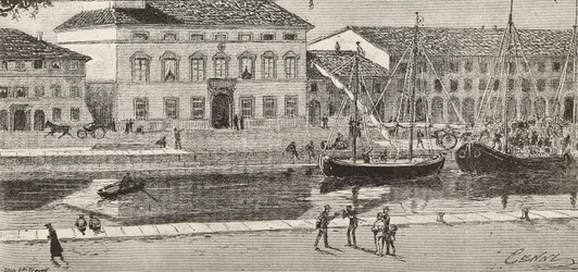 El ayuntamiento y el canal del puerto, Cesenatico, Italia, grabado de un dibujo de Quinto Cenni y un boceto de Ulisse Topi, de L