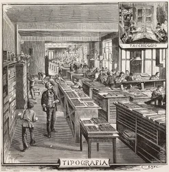 Tipografía en la editorial Fratelli Treves, Milán, Italia, grabado del dibujo de Quinto Cenni, de L