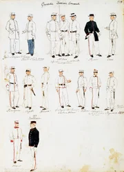 Uniformes de los guardias de aduanas del Reino de Italia entre 1873-1878, lámina del Códice Cenni, colección de bocetos militares en acuarela