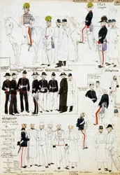 Uniformes del Ducado de Módena en 1849, lámina del Códice Cenni, colección de bocetos militares en acuarela