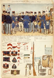 Uniformes de Granaderos de Cerdeña, infantería de línea, tropa del Reino de Italia, lámina en color por Quinto Cenni