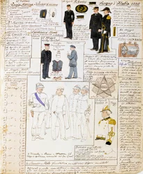 Uniformes del Reino de Italia en 1886, lámina del Códice Cenni, colección de bocetos militares en acuarela