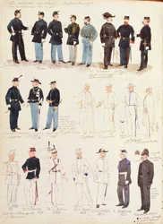 Uniformes de guardias municipales del Reino de Italia por Quinto Cenni, lámina en color