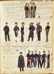 Uniformes del ejército piamontés entre 1836 y 1886. Lámina en color de Quinto Cenni