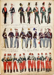 Diversos uniformes italianos de uso común hacia 1860, por Quinto Cenni, lámina en color