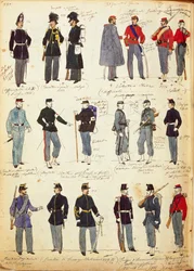 Diversos uniformes italianos de uso común entre 1859 y 1866 por Quinto Cenni, lámina en color