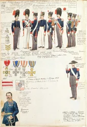 Varios uniformes del Ducado de Lucca por Quinto Cenni, placa en color
