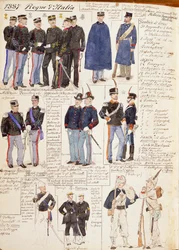 Varios uniformes del Reino de Italia, lámina en color de Quinto Cenni