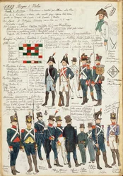 Varios uniformes del Reino de Italia de 1807. Placa en color por Cenni Quinto
