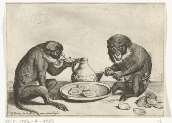 Dos monos comen ostras Varias empresas de la vida humana presentadas por simios (título de la serie) el juego del mono en el mundo (título de la serie)