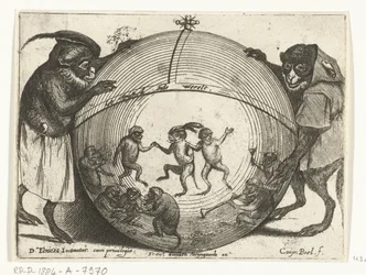 Dos monos sosteniendo un globo Varias empresas de la vida humana presentadas por simios (título de la serie) el juego del mono en el mundo (título de serie en objeto)