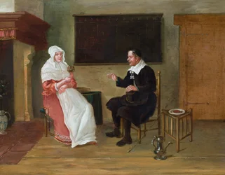 Un interior con un hombre y una mujer sentados (óleo sobre tabla)