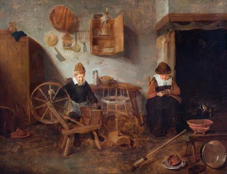 Un interior con un anciano hilando y una anciana cosiendo junto al fuego (óleo sobre tabla)