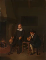 Interior con dos hombres junto al fuego