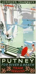 Putney, para Río y Prado, cartel de Tranvías del Consejo del Condado de Londres, 1932