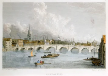 Puente de arco de piedra sobre el Tyne en Newcastle-upon-Tyne, Inglaterra, c1830