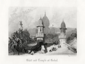 Ghat y Templo en Gokul, India, c. 1838
