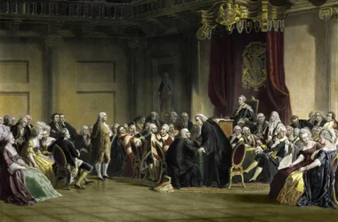 Benjamin Franklin (1706-1790), filósofo, físico y estadista estadounidense ante los Lores del Consejo Privado, Capilla de Whitehall, Londres.