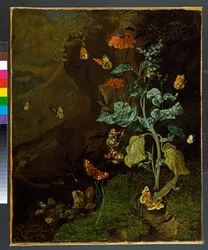 Naturaleza muerta con flores, mariposas y un lagarto en un valle, antes de 1750