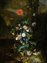 Un arreglo de flores junto a un tronco de árbol , c.1683 (óleo sobre lienzo)