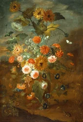Rosas, claveles, girasoles en un jarrón con mariposas, ranas, insectos
