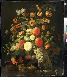 "Bouquet of flowers" (Flores) Sobre la mesa hay joyeros. Pintura de Rachel Ruysch (1664-1750) Siglo XVIII Museo de Arte Mikhail Kroshitsky, Sebastopol (Ucrania)