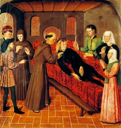 Resurrección del hombre muerto por sus heridas, detalle de la tabla izquierda del retablo de San Bernardo de Rafael Tomás (activo desde 1455 hasta 1479), predela de Joan Figuera (activo desde 1454 - fallecido en 1477 o 1479), temple sobre tabla, 398, 9x253