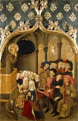 Visión durante el sermón, detalle del panel del lado izquierdo del Retablo de San Bernardo de Rafael Tomás (activo desde 1455 hasta 1479), predela de Joan Figuera (activo desde 1454-muerto en 1477 o 1479), temple sobre tabla, 398, 9x253 cm