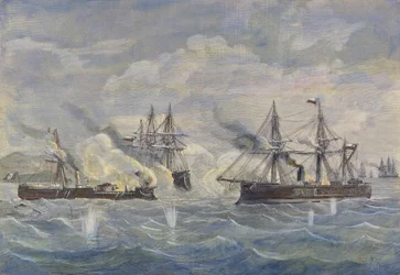 Combate naval entre el buque peruano "Huascar" contra el chileno "Blanco Encalada" y el "Cochrane" en 1879