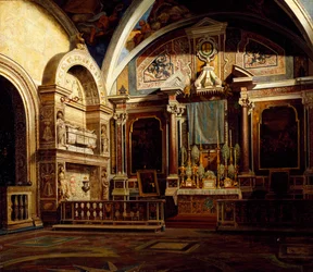Interior de San Domenico Maggiore, de Raffaele Armando Califano Mundo (1857-1930), óleo sobre lienzo, 50x70 cm.