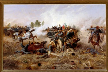 Risorgimento, Guerra Austro-Prusiana (Tercera Guerra de Independencia Italiana): vista de la Batalla de Custoza (Custozza) 24/06/1866 - (Tercera Guerra de Independencia Italiana, Batalla de Custoza el 24 de junio de 1866) Pintura de Raffaele Pontremoli (18