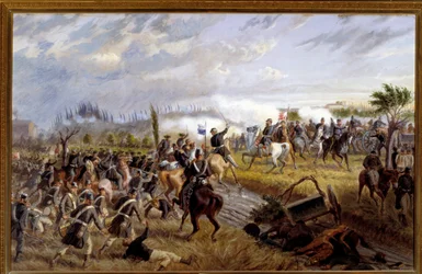 Risorgimento: "La batalla de San Martino" Episodio de la batalla de Solferino el 24/06/1859 (Vista de la batalla de San Martino el 24 de junio de 1859) Pintura de Raffaele Pontremoli (1832-1905) 1897 Dim 136x86 cm Asti, Pinacoteca Civica