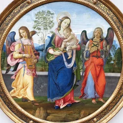 Alemán: Maria mit dem Kind und musizierenden Engeln Madonna and Child with two angels playing music